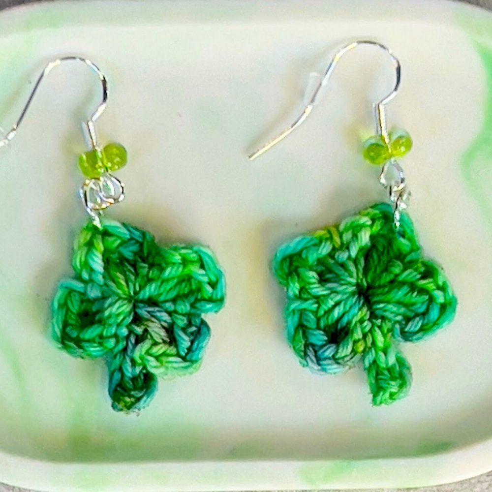 Handmade crocheted Green Clover Earrings